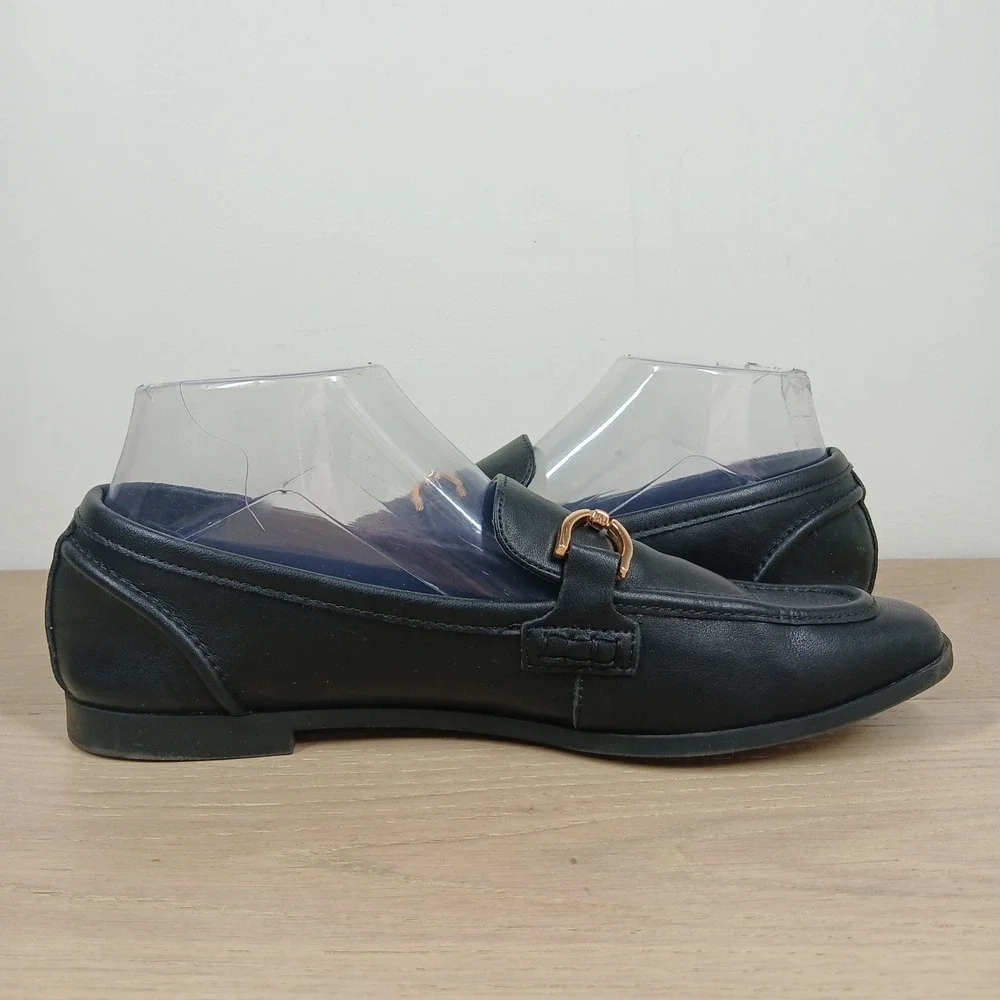 Steve Madden Loafers Women 9 Carrine Black Leather Gold Horsebit Flat Shoes